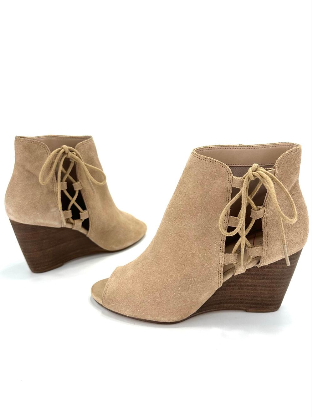 Sole Society Bobbi Wedge Sandal/Bootie Sz 7.5 Sand/Tan Suede Open-Toe High Heels